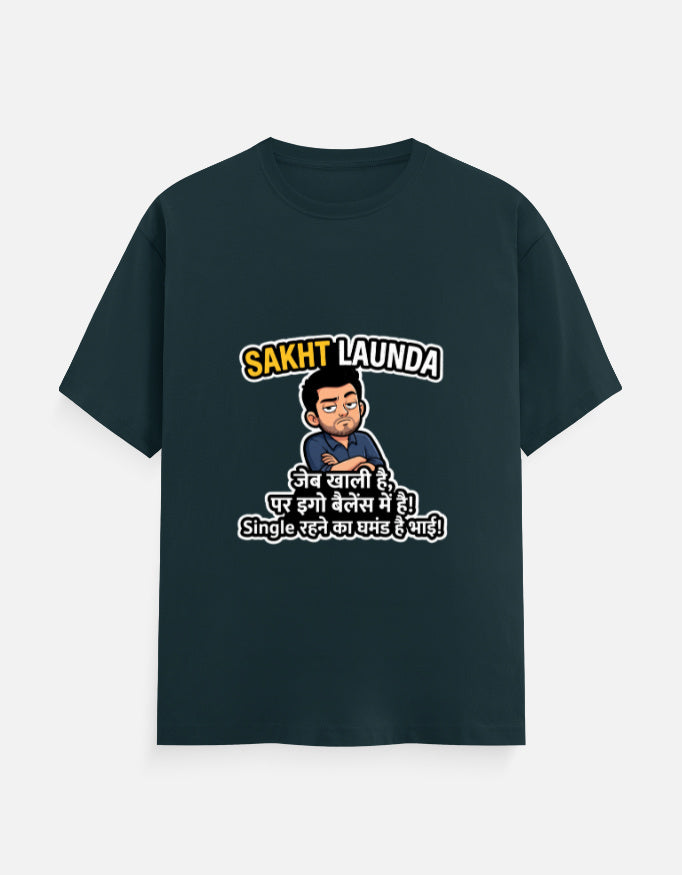 Petrol blue unisex crew-neck T-shirt with Hindi slogan graphic and cartoon face on chest