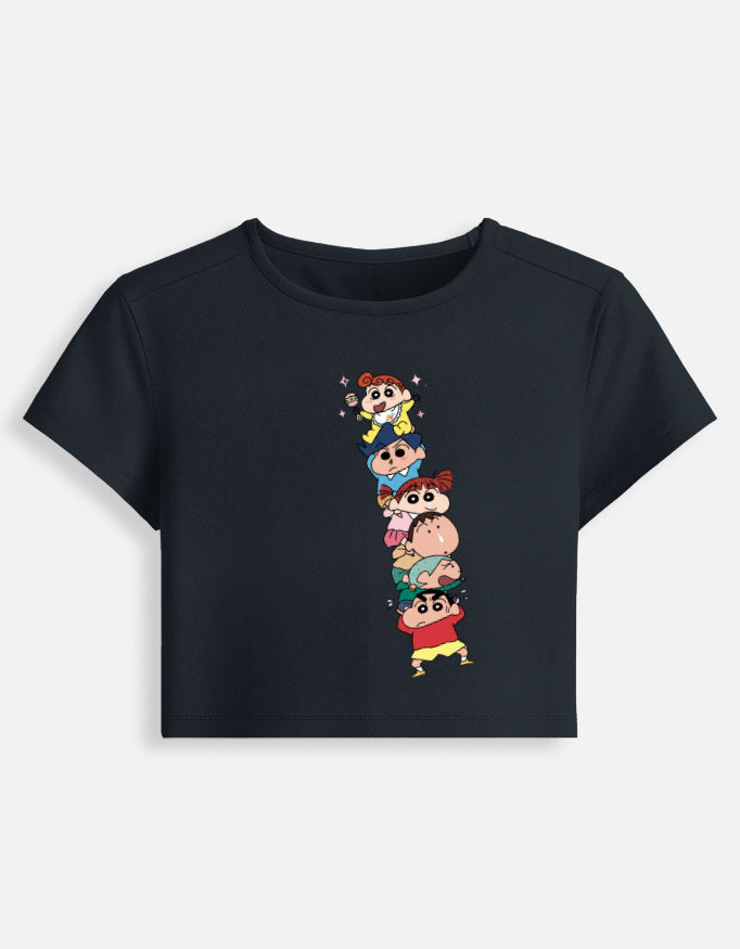 Women’s fitted crop baby tee, dark blue, front graphic of stacked cartoon kids