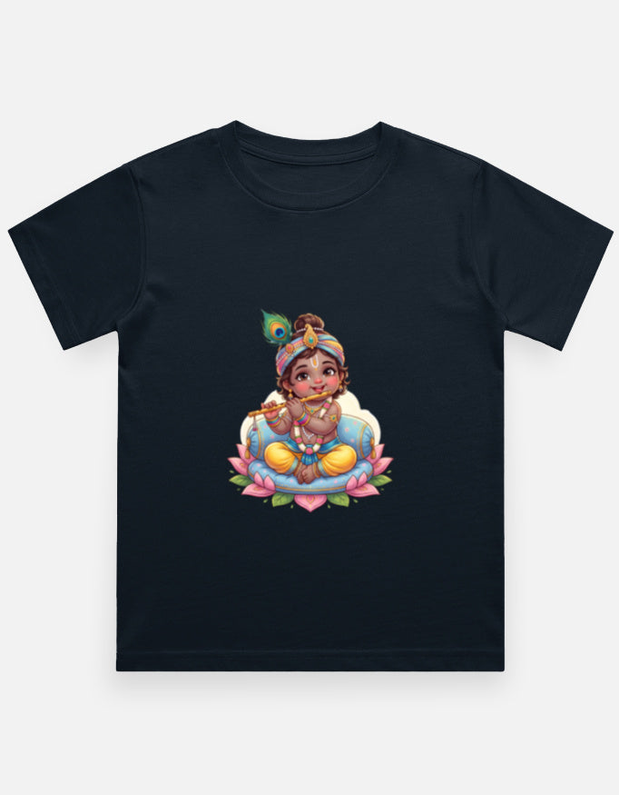 Kids crew neck T-shirt, dark navy, front Krishna-style graphic print