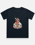 Kids crew neck T-shirt, dark navy, front Krishna-style graphic print