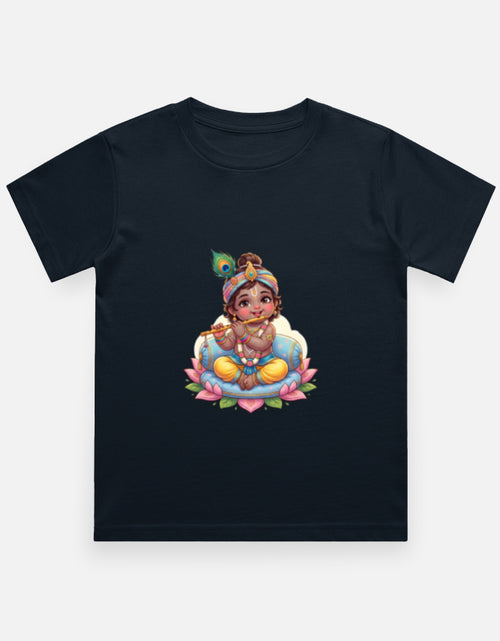 Kids crew neck T-shirt, dark navy, front Krishna-style graphic print