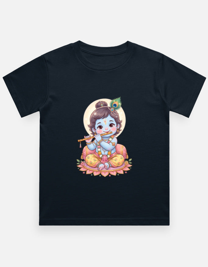 Kids crew neck T-shirt, dark navy, front Krishna-style graphic print