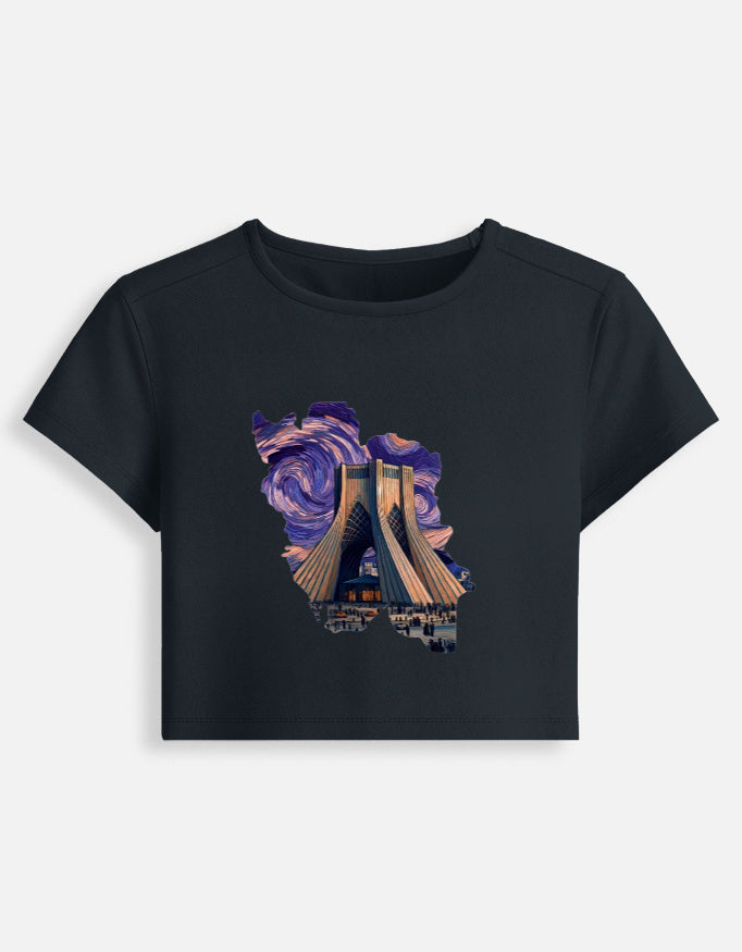 Women’s fitted crop baby tee, dark navy, with colorful lighthouse graphic on front