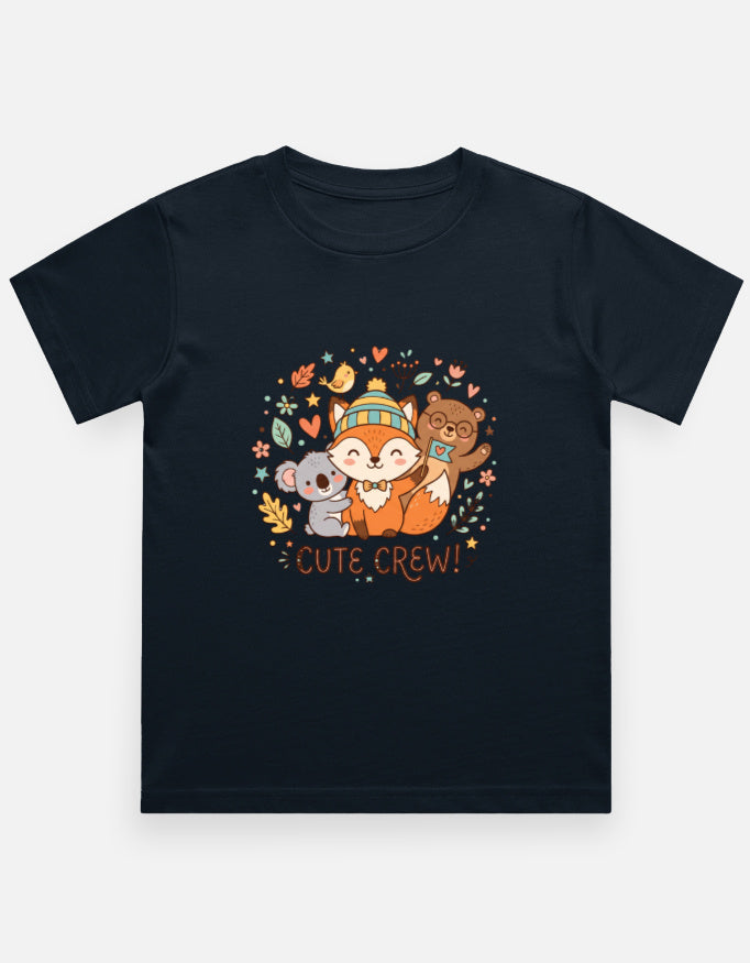 Dark navy kids crew neck T-shirt with colorful 'CUTE CREW!' animal graphic