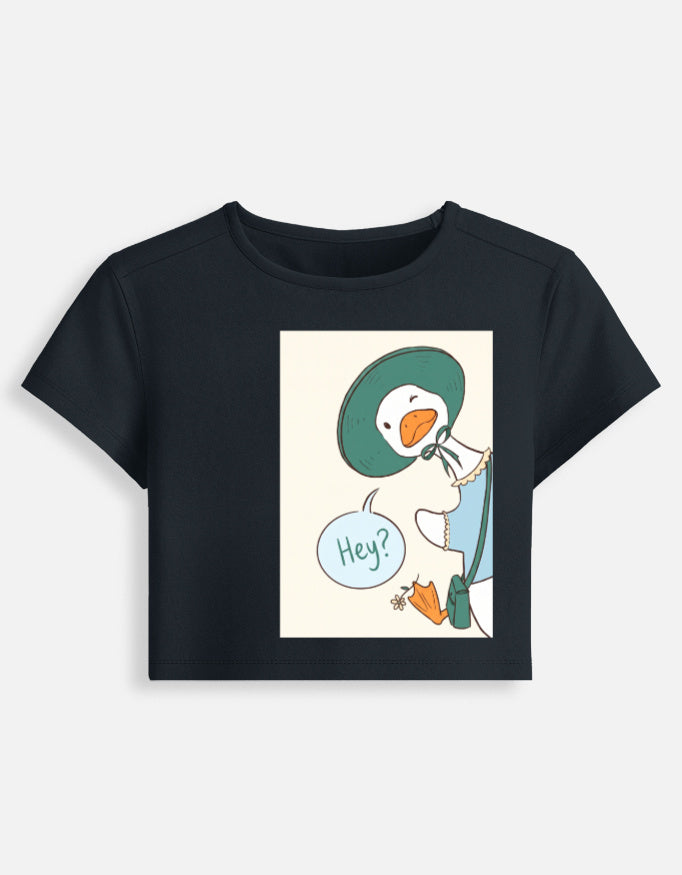 Women’s fitted crop baby tee, navy, front graphic with “Hey” speech bubble