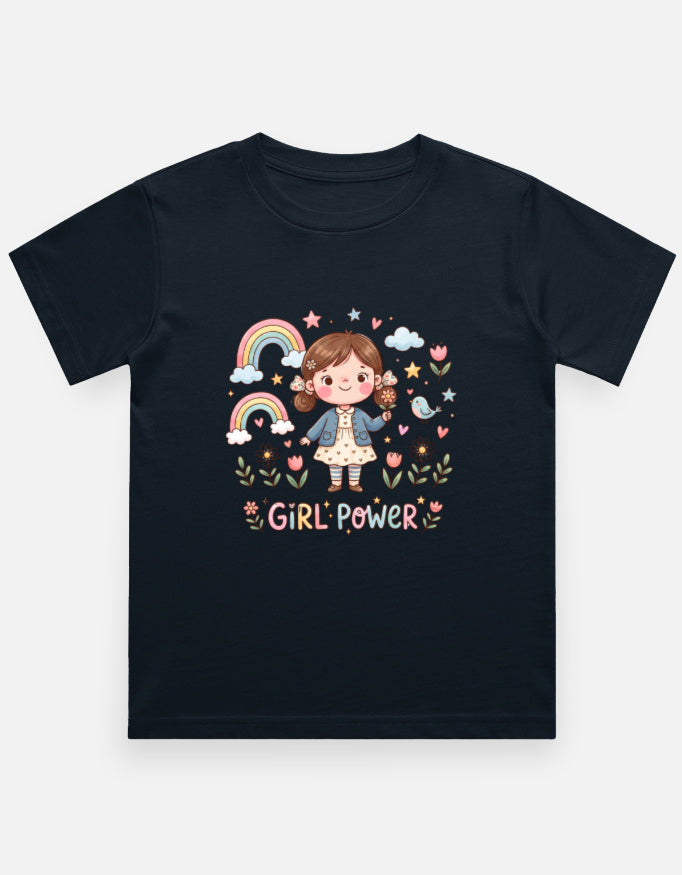 Kids graphic crew neck T-shirt, navy with rainbow girl “Girl Power” print