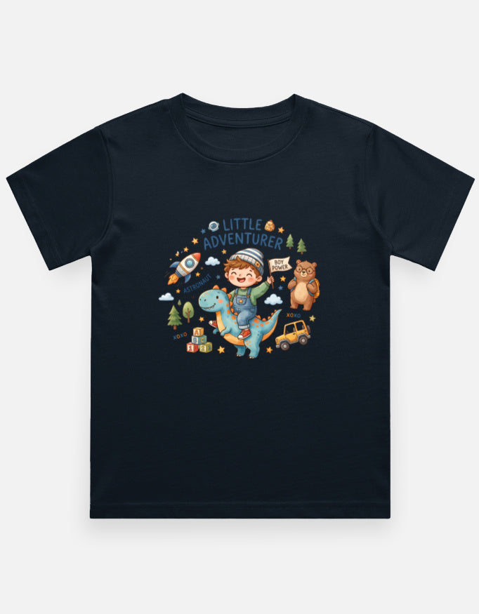 Kids graphic crew-neck T-shirt, navy, front cartoon adventure print.