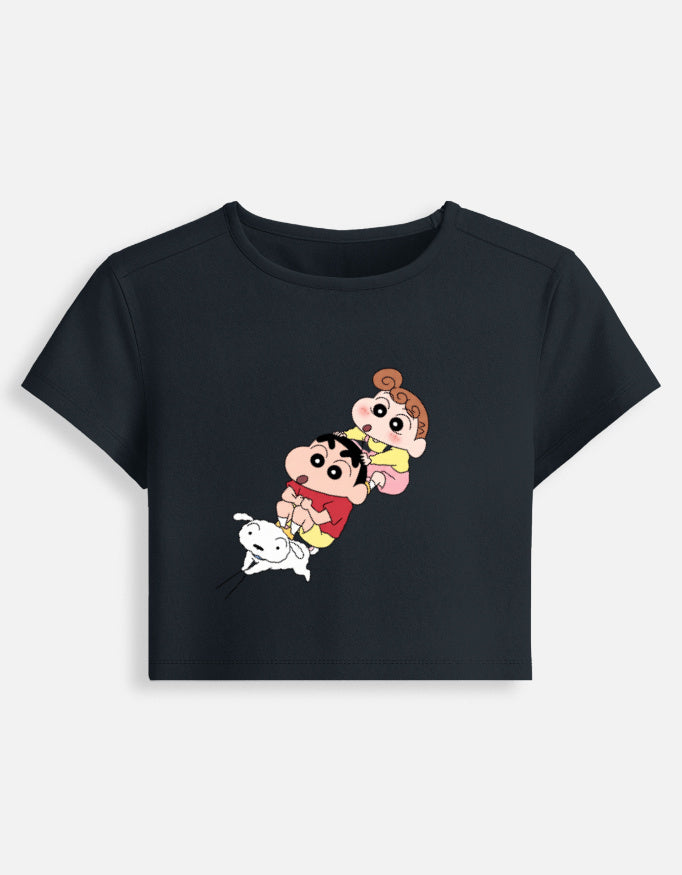 Women's fitted crop baby tee, dark top with cartoon character graphic on front