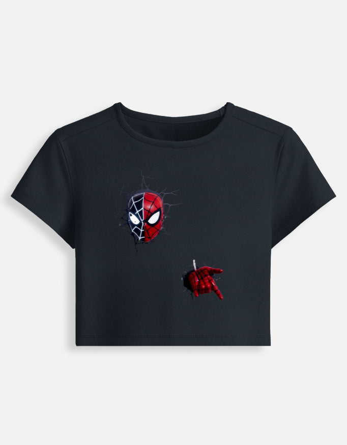 Dark navy fitted crop baby tee with crew neck and red/black spider web graphic front