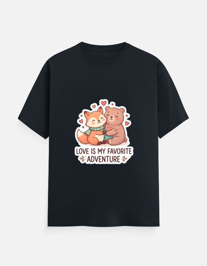 Unisex crew neck T-shirt in dark navy with cartoon bear graphic, hearts, and 'Love is my favorite adventure'
