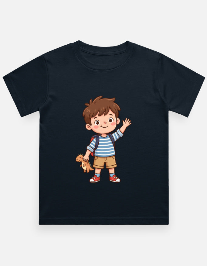 Kids crew neck T-shirt in dark navy with cartoon boy and dog graphic on front