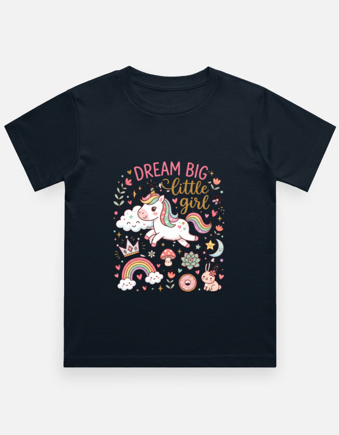 Dark navy kids graphic crew-neck T-shirt with unicorn and floral "DREAM BIG" print