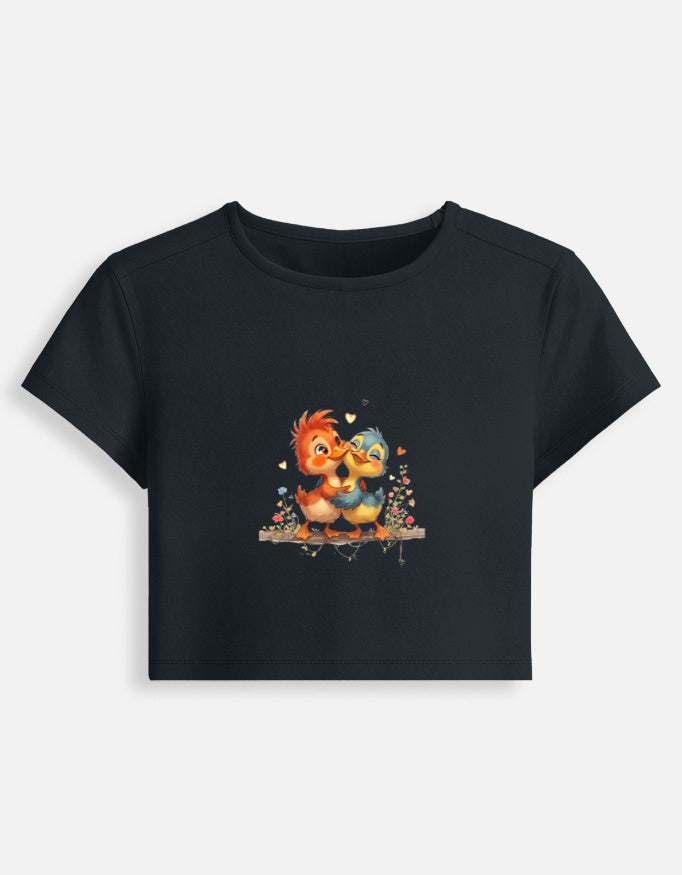 Dark navy fitted graphic baby tee crop top with cute animal character print on front