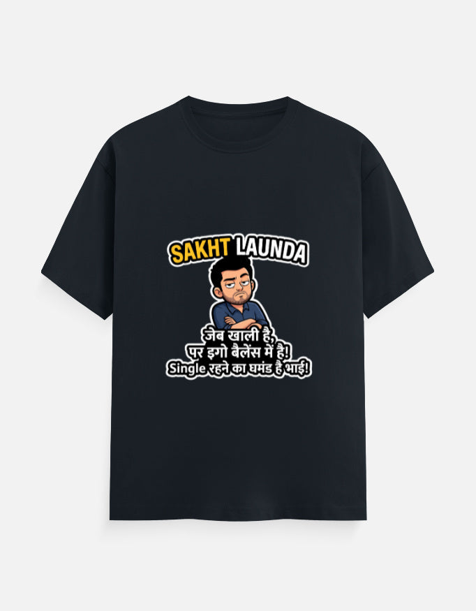 Black unisex crew-neck T-shirt with Hindi slogan graphic and cartoon face at center