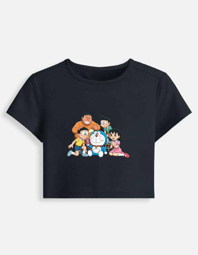 Women’s fitted crop baby graphic tee, dark; front crewneck with colorful cartoon print.
