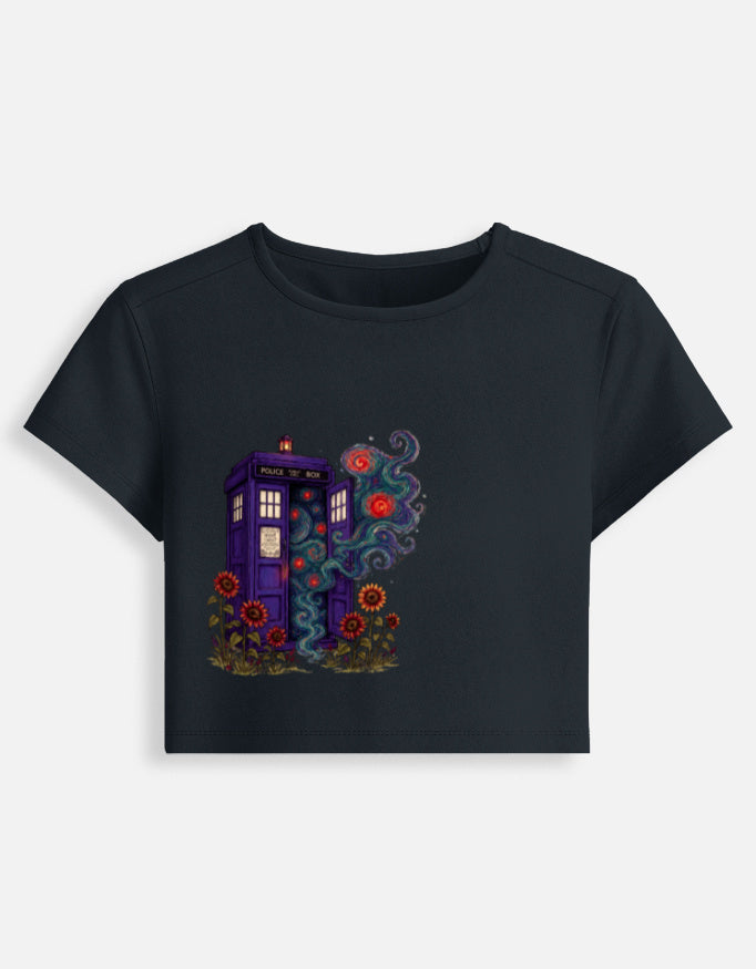 Women's fitted crop baby tee, navy front with colorful house graphic