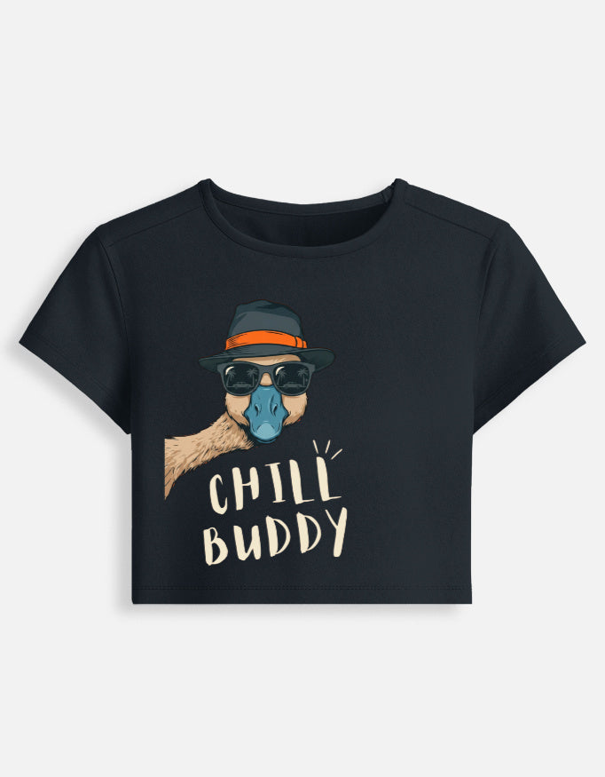 Women's graphic baby tee, dark fitted crop top, “Child Buddy” front illustration