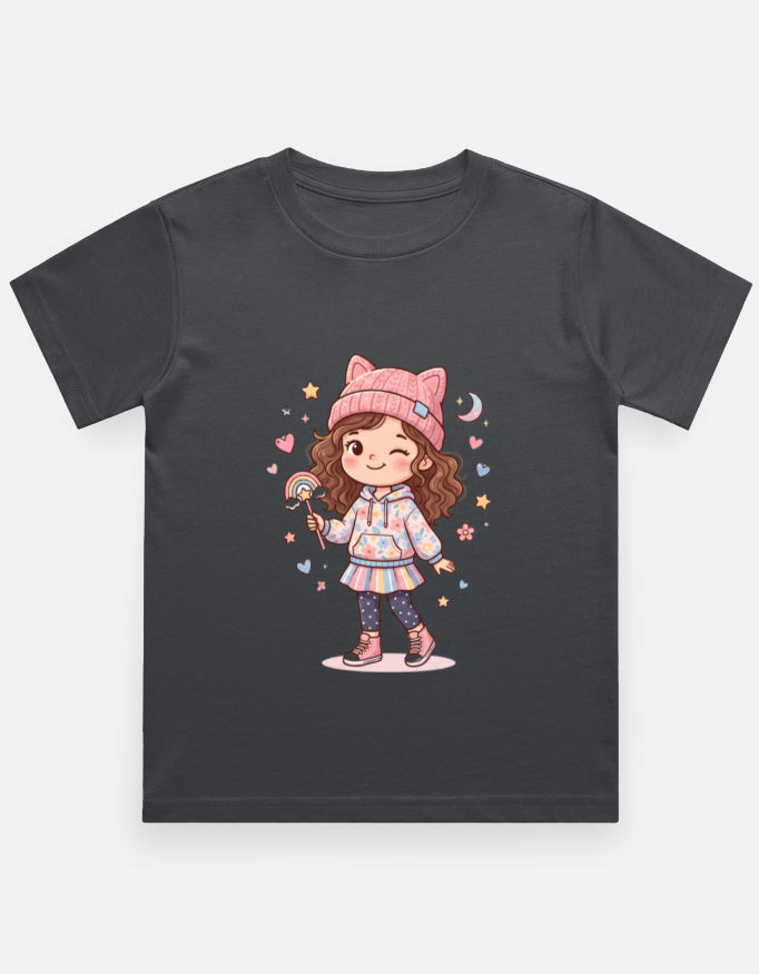 Kids girl’s graphic crew neck T-shirt, charcoal with cartoon girl illustration on front.