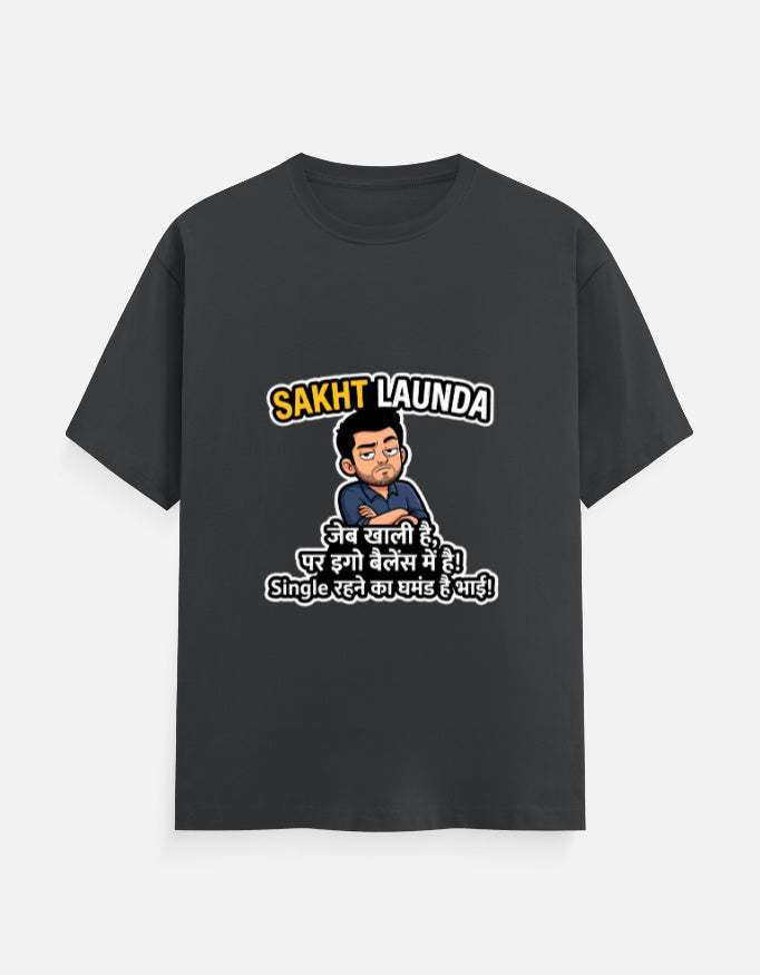 Steel grey unisex crew-neck T-shirt with Hindi slogan graphic and cartoon face on chest