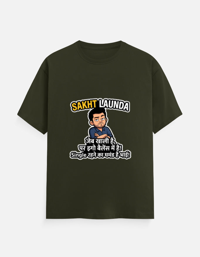 Olive green unisex crew-neck T-shirt with Hindi slogan graphic and cartoon face on chest
