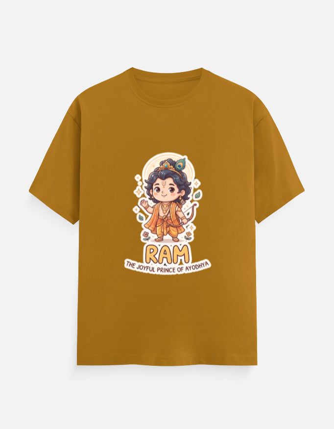 Mustard yellow unisex crew-neck t-shirt with colorful RAM character graphic on the chest.