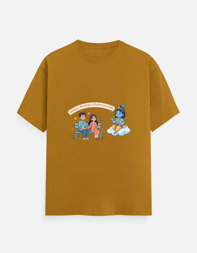 Mustard unisex crew-neck t-shirt with colorful Radha Krishna graphic print.