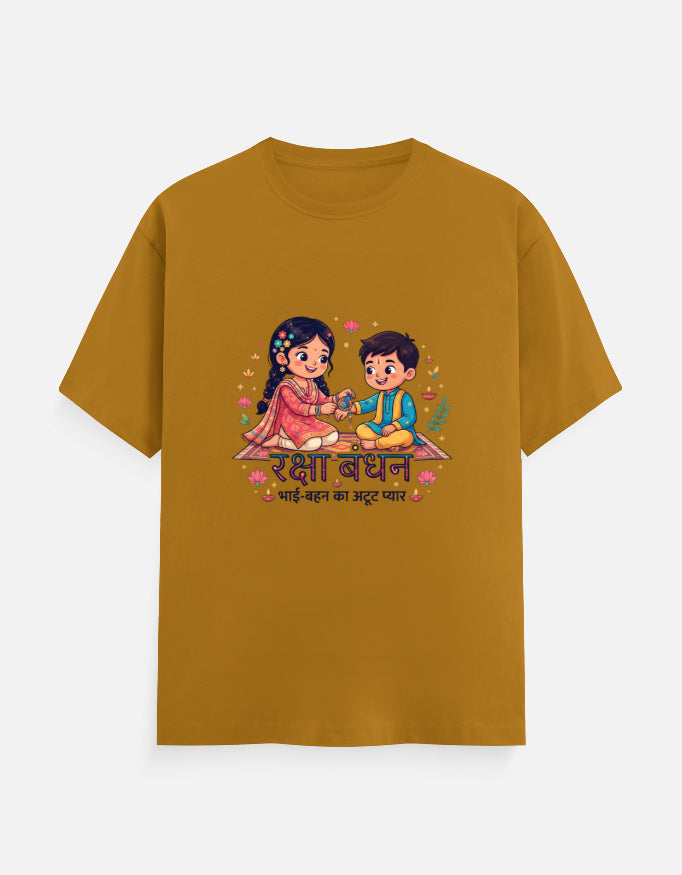 Unisex crew neck T-shirt in mustard yellow with front cartoon couple graphic and text.