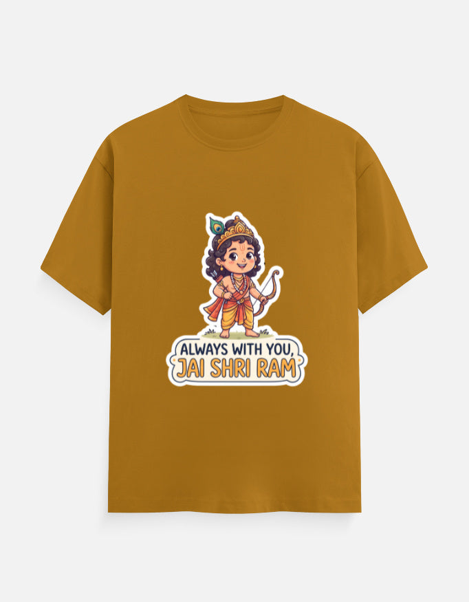 Brown unisex crew-neck t-shirt with colorful deity graphic and "Always with you, Jai Shri Ram"