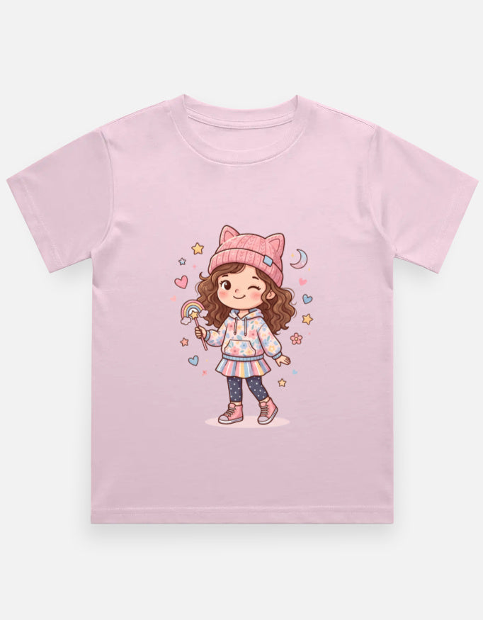 Kids girl’s graphic crew neck T-shirt, light pink with cartoon girl illustration on front.