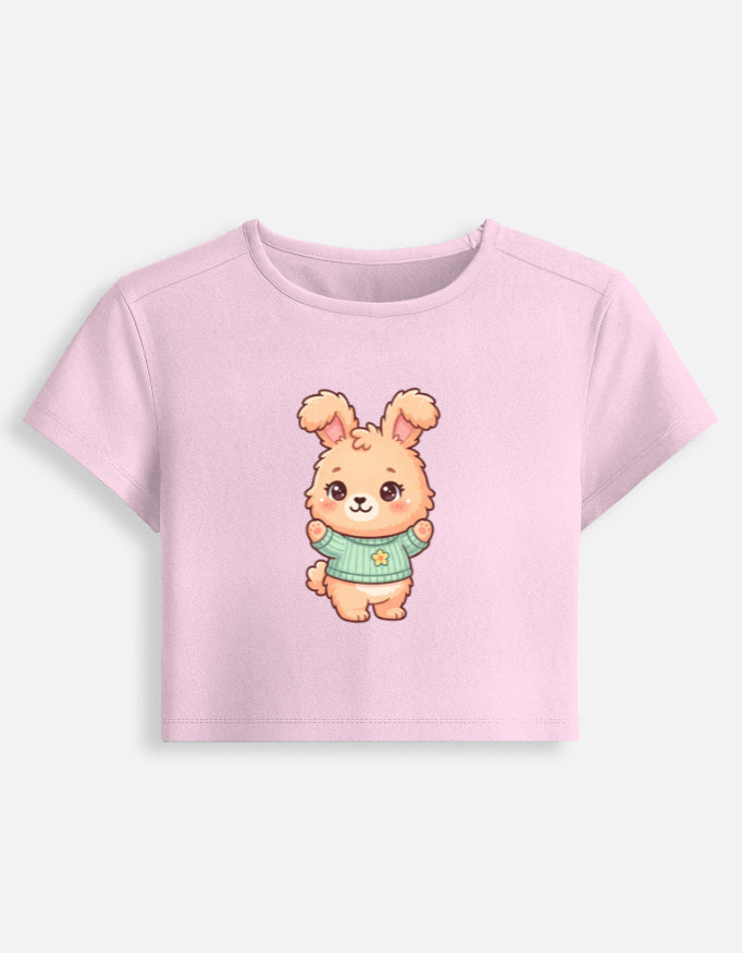 Light pink fitted women's baby graphic crop tee with cute bear face on front