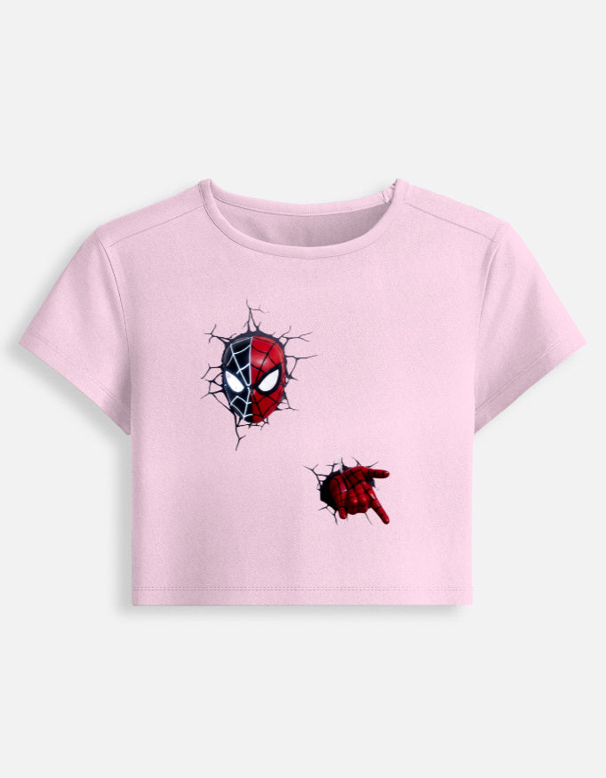 Light pink fitted crop baby tee with crew neck and spider web graphic front