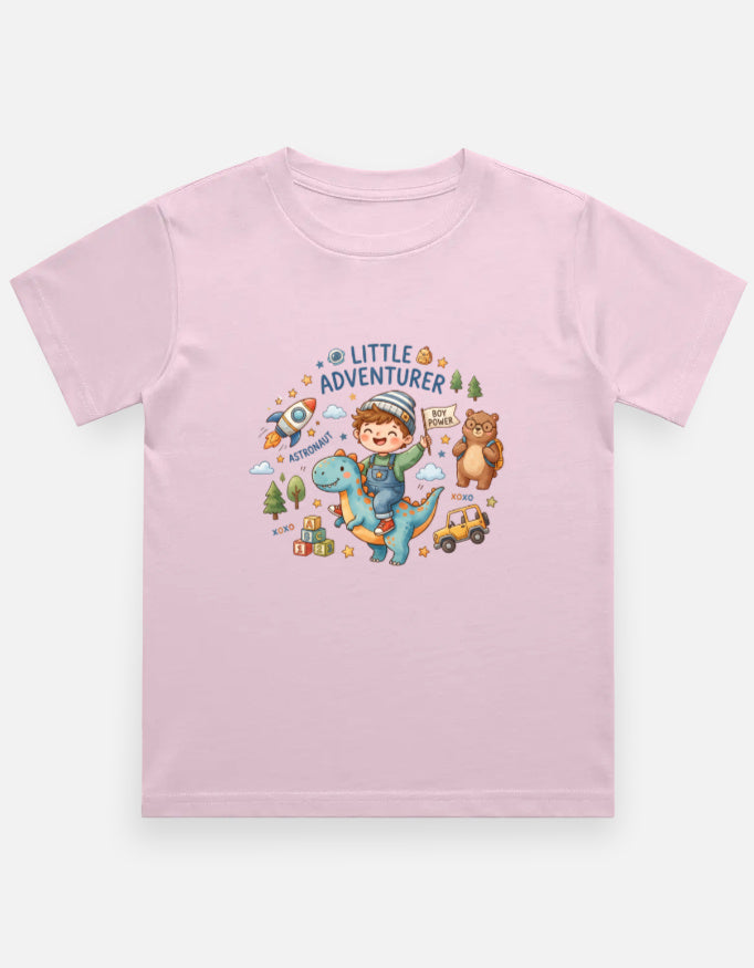 Kids graphic crew-neck T-shirt, light pink, front cartoon adventure print.