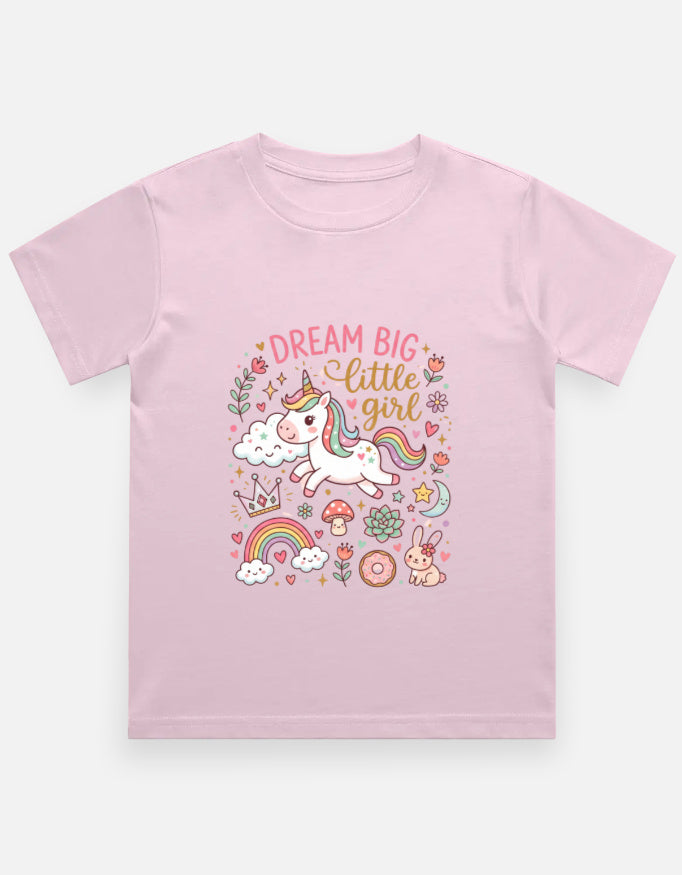 Light pink kids graphic crew-neck T-shirt with unicorn and floral "DREAM BIG" print