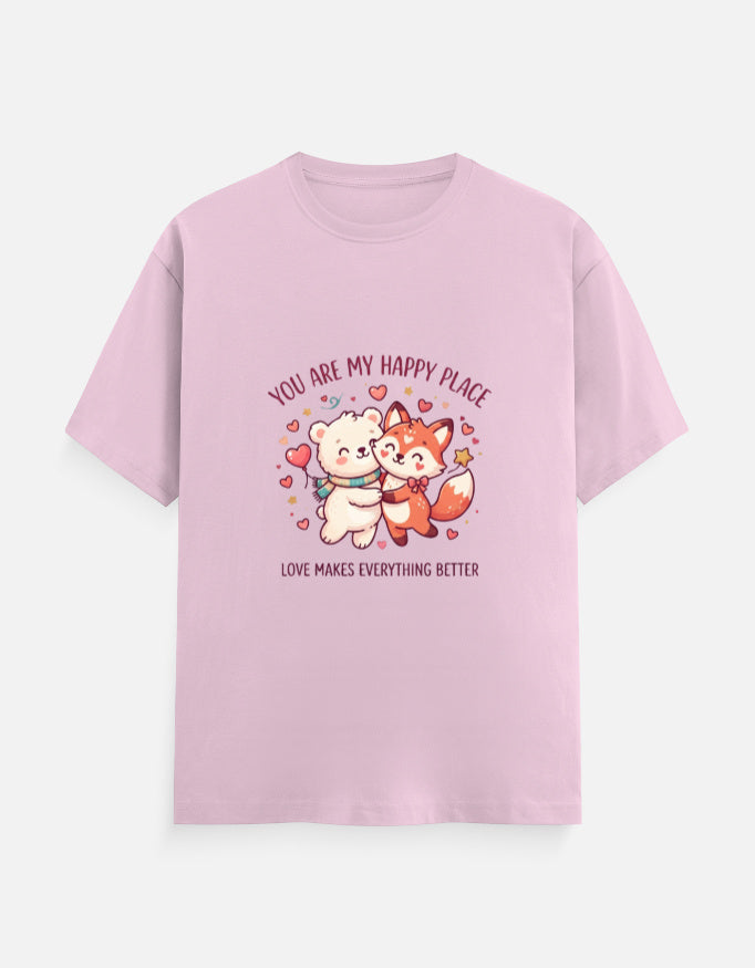 Unisex crew-neck graphic t-shirt, light pink, cartoon heart couple illustration on chest