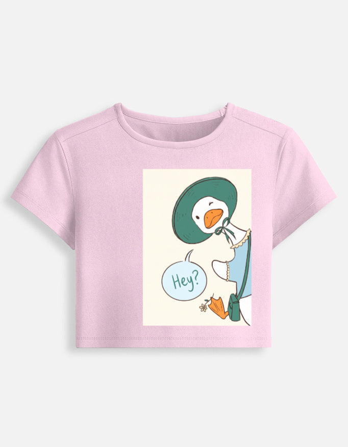 Women’s fitted crop baby tee, light baby pink, front graphic with “Hey” speech bubble