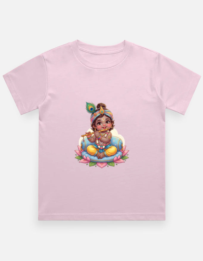 Kids crew neck T-shirt, light baby pink, front Krishna-style graphic print