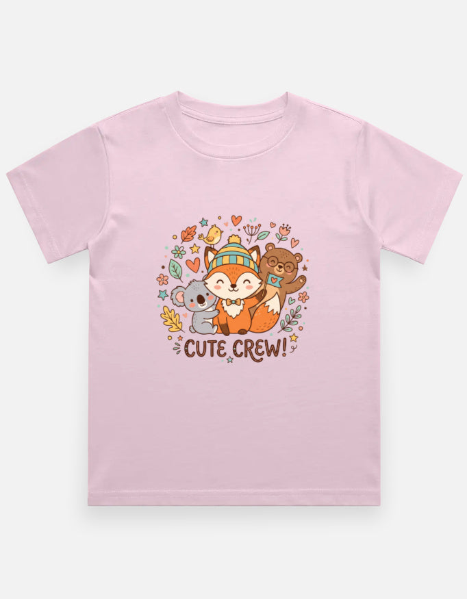 Light pink kids crew neck T-shirt with colorful 'CUTE CREW!' animal graphic