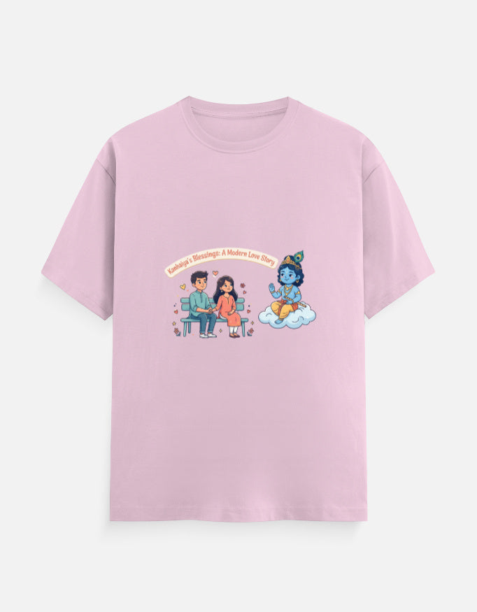 Light pink unisex crew-neck t-shirt with colorful Radha Krishna graphic print.