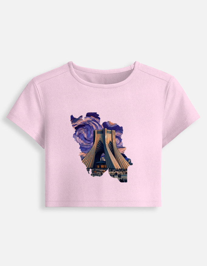Women’s fitted crop baby tee, light pink, with colorful lighthouse graphic on front