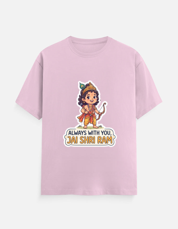 Light pink unisex crew-neck t-shirt with colorful deity graphic and "Always with you, Jai Shri Ram"