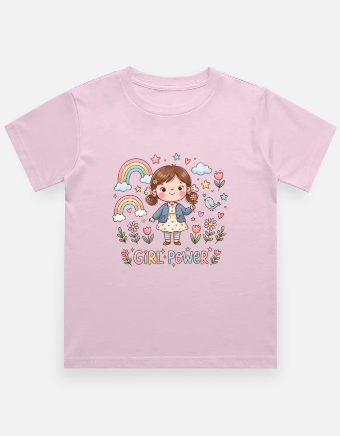 Kids graphic crew neck T-shirt, light pink with rainbow girl “Girl Power” print