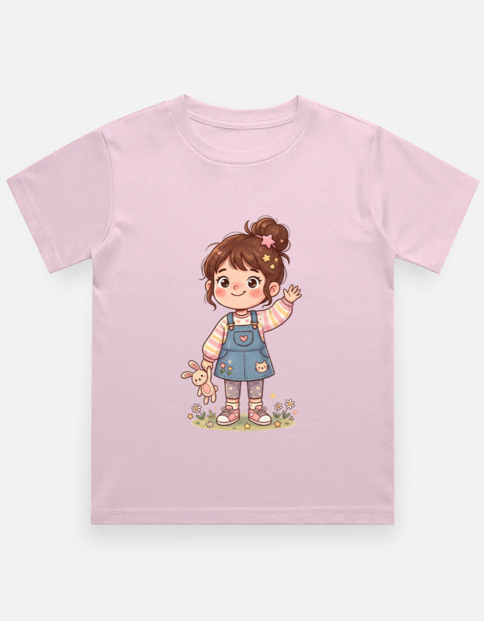 Kids graphic crew neck T-shirt, light baby pink with girl character and teddy print on front