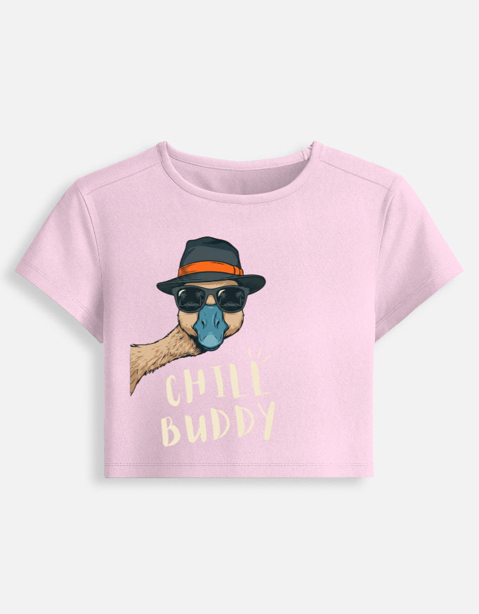 Women's graphic baby tee, light pink fitted crop top, “Child Buddy” front illustration
