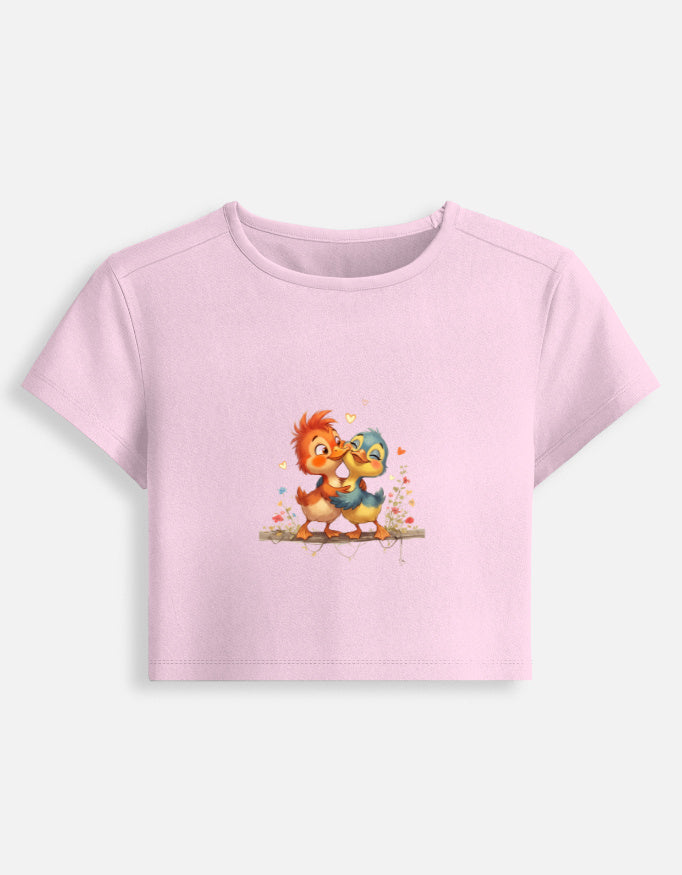 Light baby pink fitted graphic baby tee crop top with cute animal character print