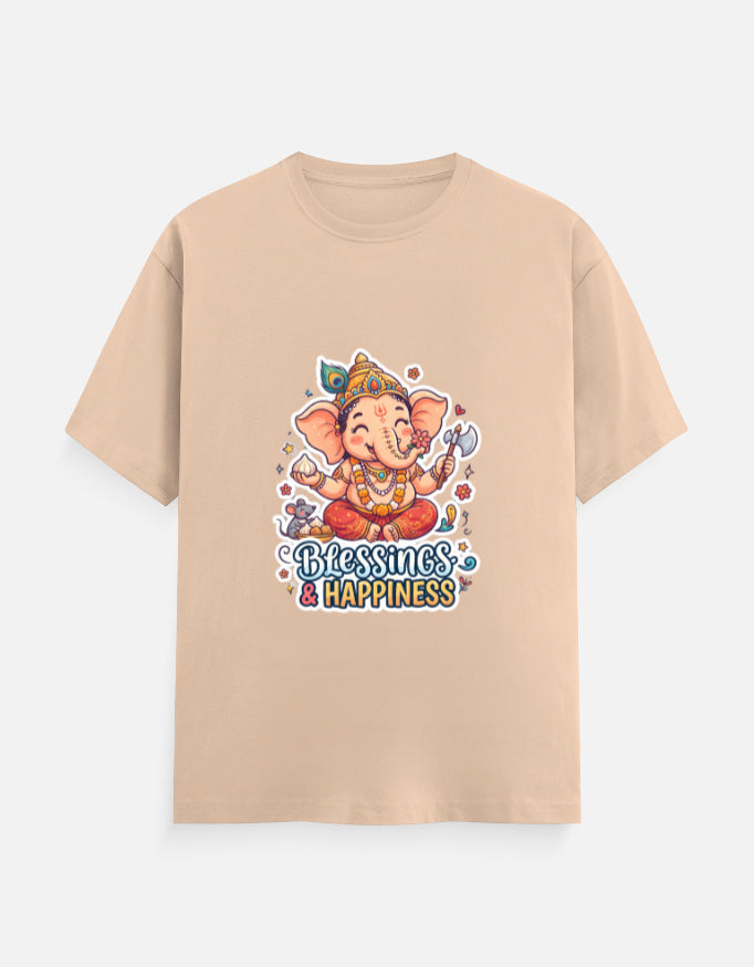 Unisex crew neck t-shirt, beige, Ganesha graphic with “Blessings & Happiness”