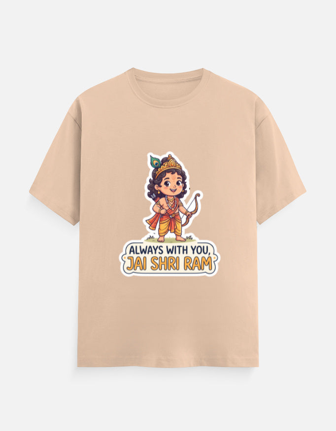 Beige unisex crew-neck t-shirt with colorful deity graphic and "Always with you, Jai Shri Ram"