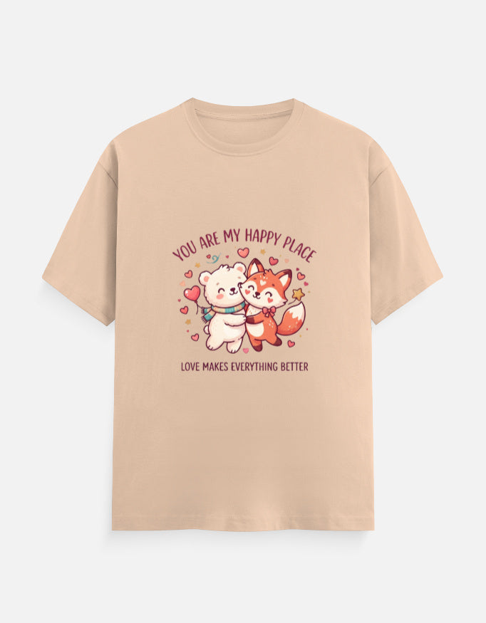 Unisex crew-neck graphic t-shirt, beige, cartoon heart couple illustration on chest