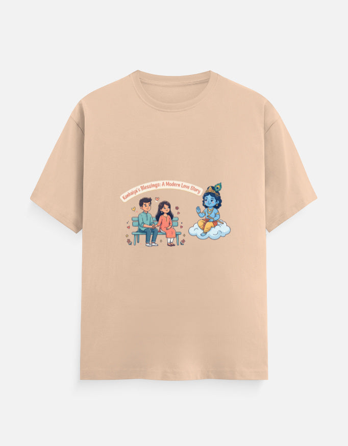 Beige unisex crew-neck t-shirt with colorful Radha Krishna graphic print.