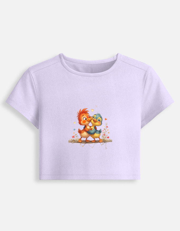 Lavender fitted graphic baby tee crop top with cute animal character print on front
