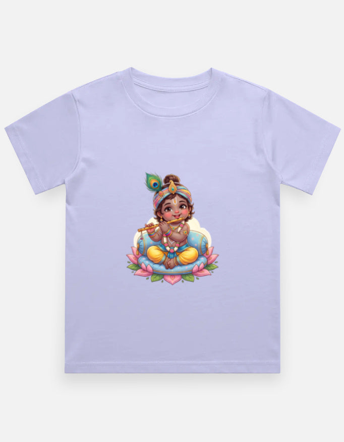 Kids crew neck T-shirt, lavender, front Krishna-style graphic print